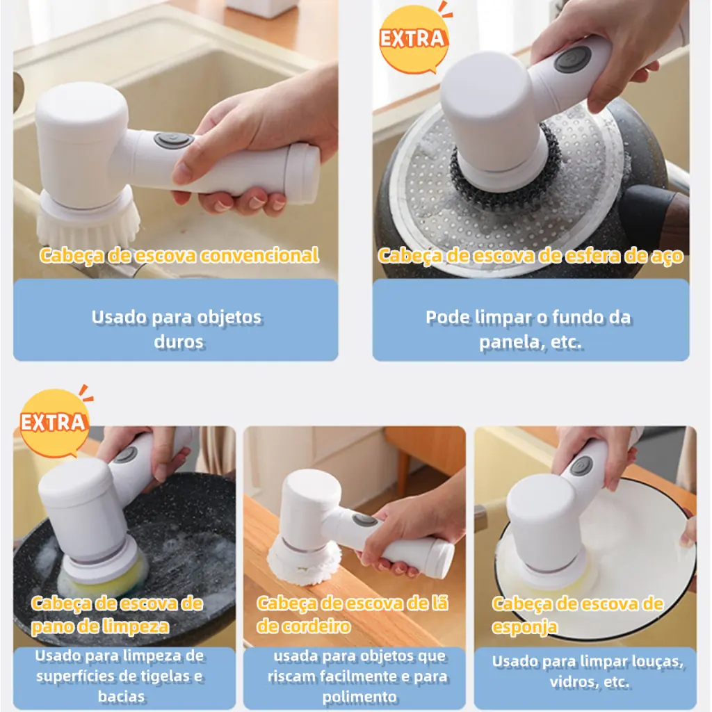 As 5 cabeças da escova e o uso de cada uma: cerdas, esfera de aço, pano, lã e esponja